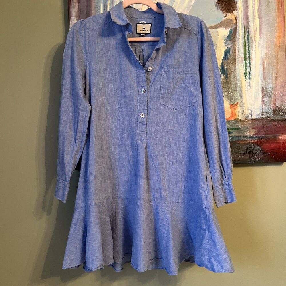 Tuckernuck XS Chambray Blue Callahan Shirt Dress Cotton Ruffle Hem Preppy